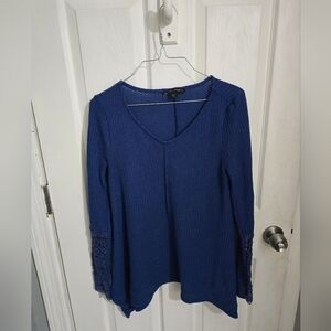 Boston Proper Womens Crochet Knit Sleeve Blouse Long Sleeve Blue Size Small